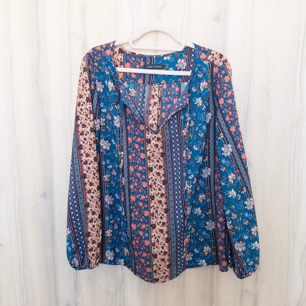 Supply & Demand Women Floral Patchwork Blouse L Blue Cottage Boho Peasant Hippie